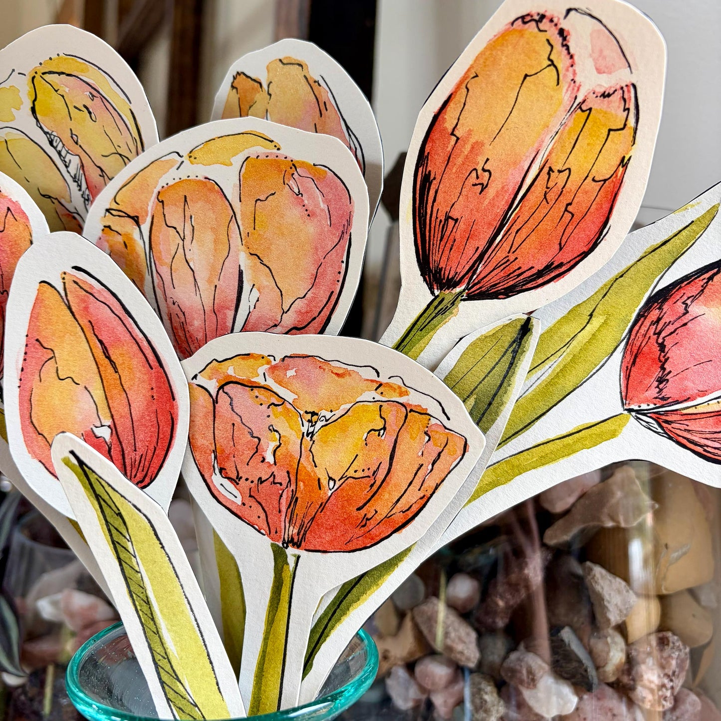 Sculptural Red, Orange Tulip Arrangement